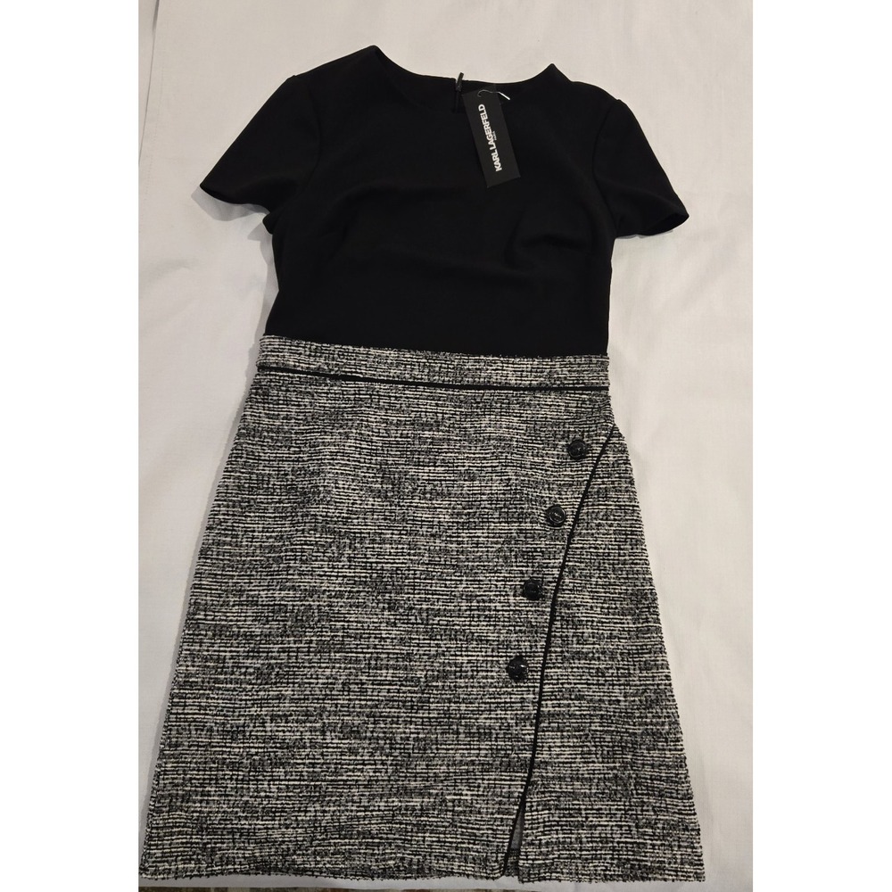 NWT Karl Lagerfeld Tweed Button Detail Skirt Sheath Black Top Dress Size 8